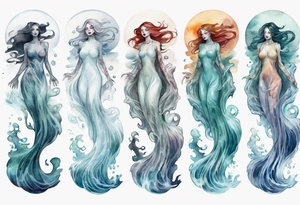 a transparent ghost woman rising from the waves of the sea tattoo idea