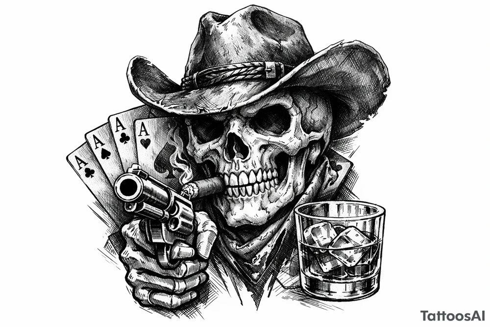 skull with cowboy-hat, cigar in his mouth, a gun in a hand, playing cards, whiskey-glass. tattoo idea