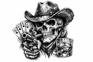 skull with cowboy-hat, cigar in his mouth, a gun in a hand, playing cards, whiskey-glass. tattoo idea