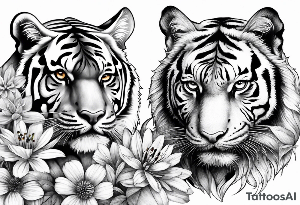tiger, 3 buterflies, flowers for ladies thigh / hip tattoo idea