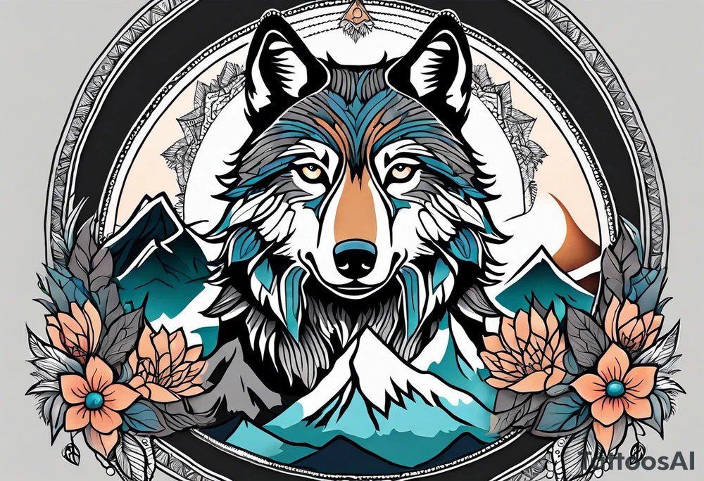 A whimsical wolf tattoo featuring mandala or dream catcher elements, with the wolf as the central focus. Show the wolves whole body standing surrounded by mountains in the background. Include flowers and nature elements to fill the space around the wolf. Some color but not completely solid bold color tattoo idea