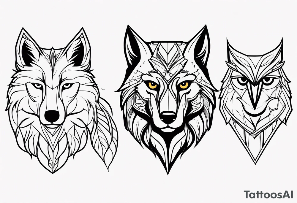 A Wolf as a father, an owl as the son and a lioness as the daughter. tattoo idea