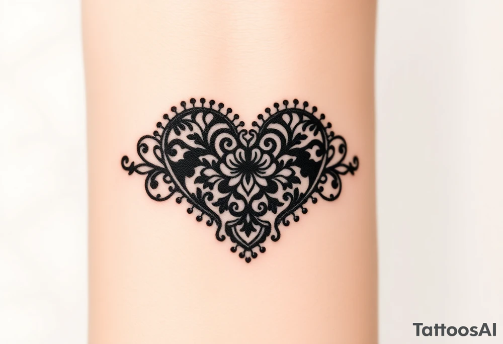 A heart-shaped lace pattern in black and silver, with a delicate filigree border tattoo idea