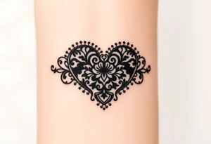 A heart-shaped lace pattern in black and silver, with a delicate filigree border tattoo idea