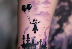 Tim Burton’s pale-faced child floats with black balloons above crooked chimneys under a smoky lavender sky. tattoo idea