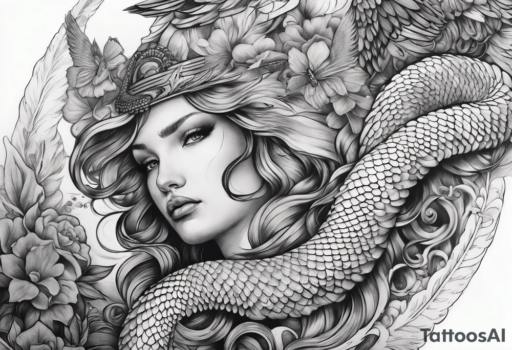 Arm sleeve with angels killing a snake. tattoo idea