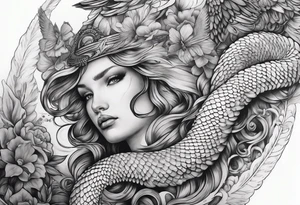 Arm sleeve with angels killing a snake. tattoo idea