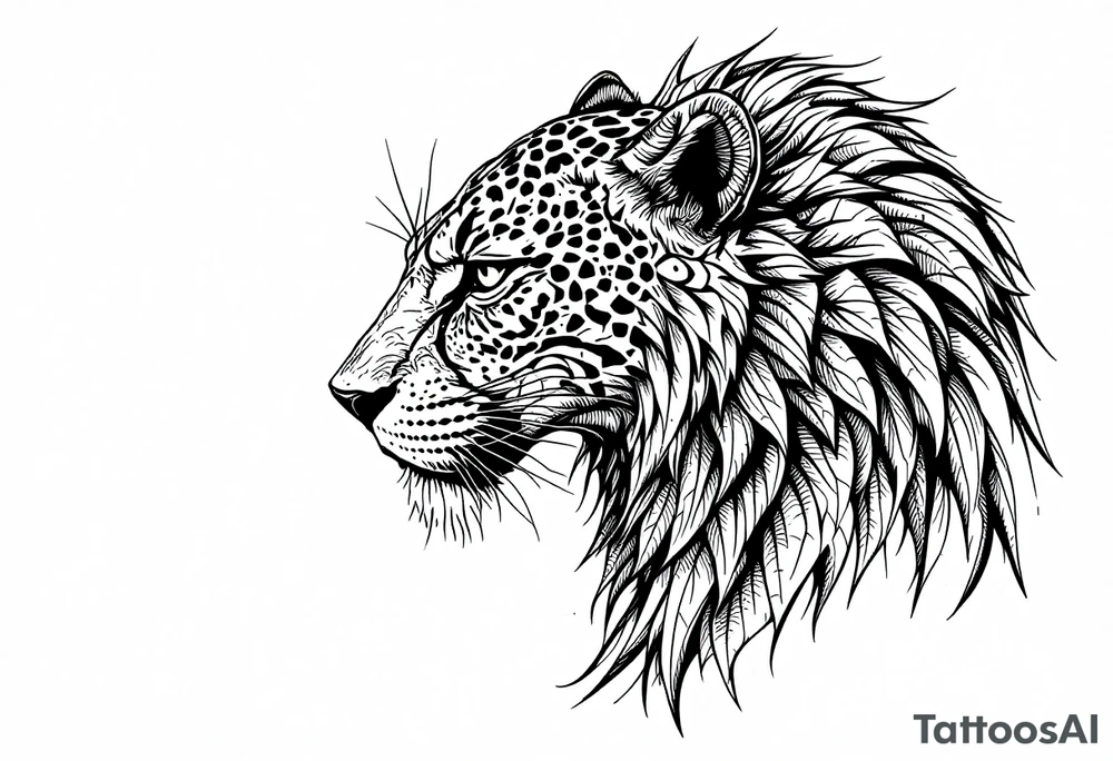 a mix the nemean lion, ancient Egyptian and roman mythology, and a leopard, combined with the sun and French pattern, facing left in profile tattoo idea