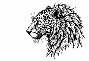 a mix the nemean lion, ancient Egyptian and roman mythology, and a leopard, combined with the sun and French pattern, facing left in profile tattoo idea