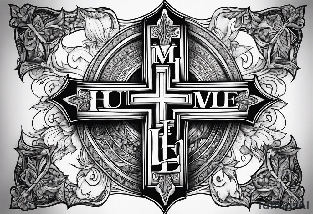 Humble wisdom caring cross detailed words tattoo idea