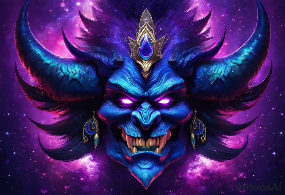 frontal bust of Dominant demonic and formidable face with royal king features, has a slight evil grin and a devil fang teeth, similar to skull features, framed by deep-set glowing galaxy eyes, head has crown of prominent purple deep blue flames (Not standalone horns) with intricate recognizable swirling galaxy and peacock feather textures.

face has intricate swirling biomechanical tattoo texture. prominent colours are blue, violet, deep purple, with orange highlights.

face has braids hanging with feathers at end. tattoo idea