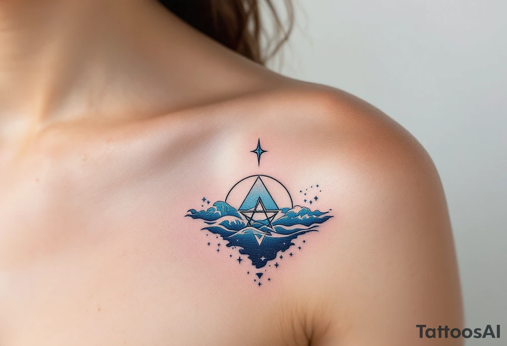 A pentagram submerged in dark water, with tiny waves and blue accents tattoo idea