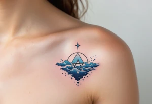 A pentagram submerged in dark water, with tiny waves and blue accents tattoo idea