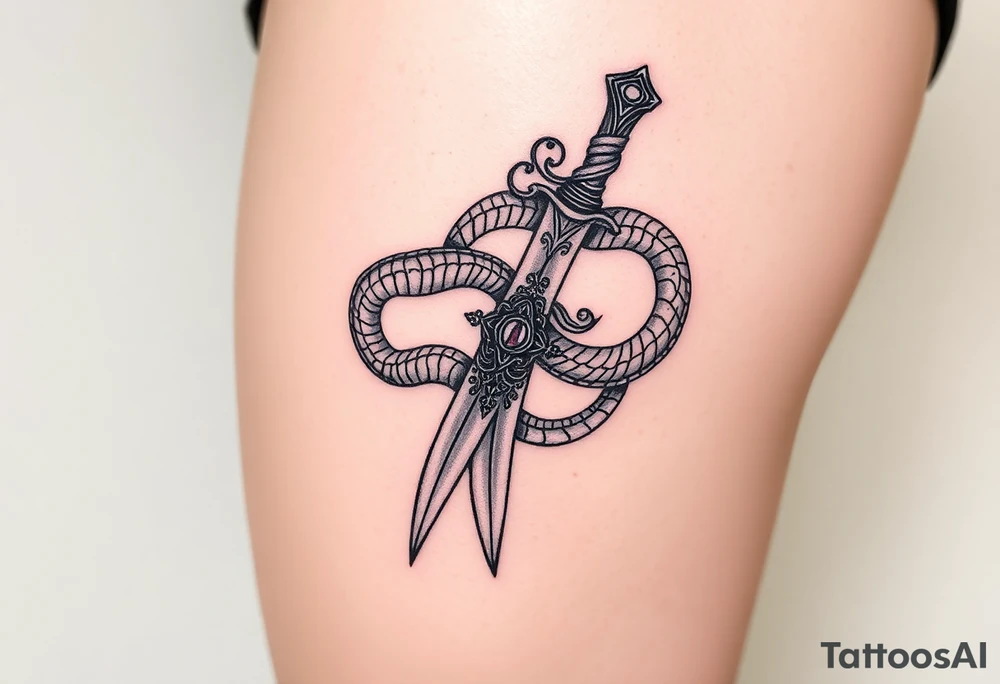 mystical snake coiled around an ancient dagger with jeweled hilt tattoo idea