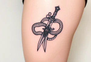 mystical snake coiled around an ancient dagger with jeweled hilt tattoo idea