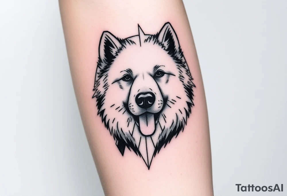 I would like a tattoo in a geometric-realistic style. I want it to depict my dog, a Samoyed (photo attached), combining his face with a design that includes lines, circles, and emotional or symbolic details—like a landscape or a memory connected to him."

If you’d like to customize it more with references to snow, mountains, or other memories, I can tweak it for you! tattoo idea