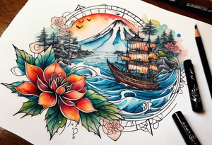 Travel themed for thigh, compass rose overlaid with a landmarks in and around it, spilled watercolor and tiny jet plane silhouette and a tiny motor boat in the water tattoo idea