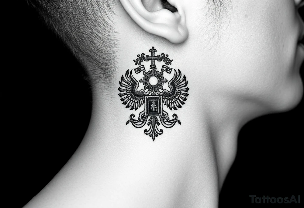 russian coat arms in a russian christian orthodox cross style virgin mary & orthodox dome church on the side of the neck tattoo idea