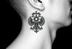 russian coat arms in a russian christian orthodox cross style virgin mary & orthodox dome church on the side of the neck tattoo idea