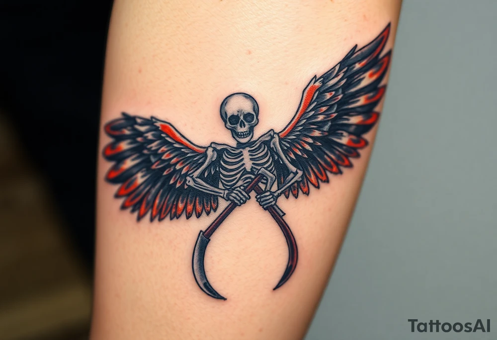 A winged skeleton clutching a scythe, its wings composed of intertwined black and blood-red feathers with highlights of dark orange at the edges. tattoo idea