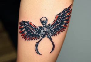 A winged skeleton clutching a scythe, its wings composed of intertwined black and blood-red feathers with highlights of dark orange at the edges. tattoo idea