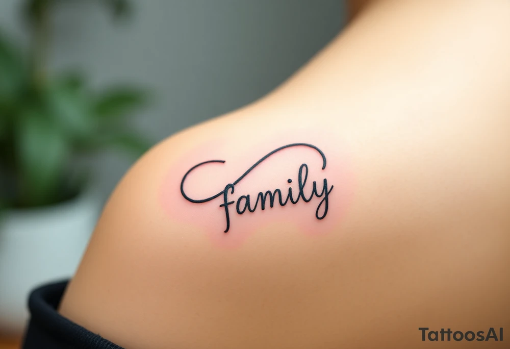 A flowing infinity symbol intertwined with the word "family" written in elegant cursive, symbolizing endless love and connection tattoo idea