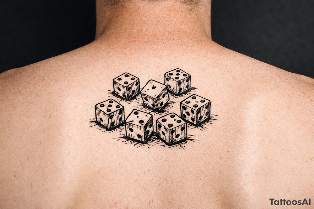 dice, vibrant colors, scattered on a flat surface. tattoo idea