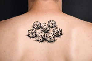 dice, vibrant colors, scattered on a flat surface. tattoo idea