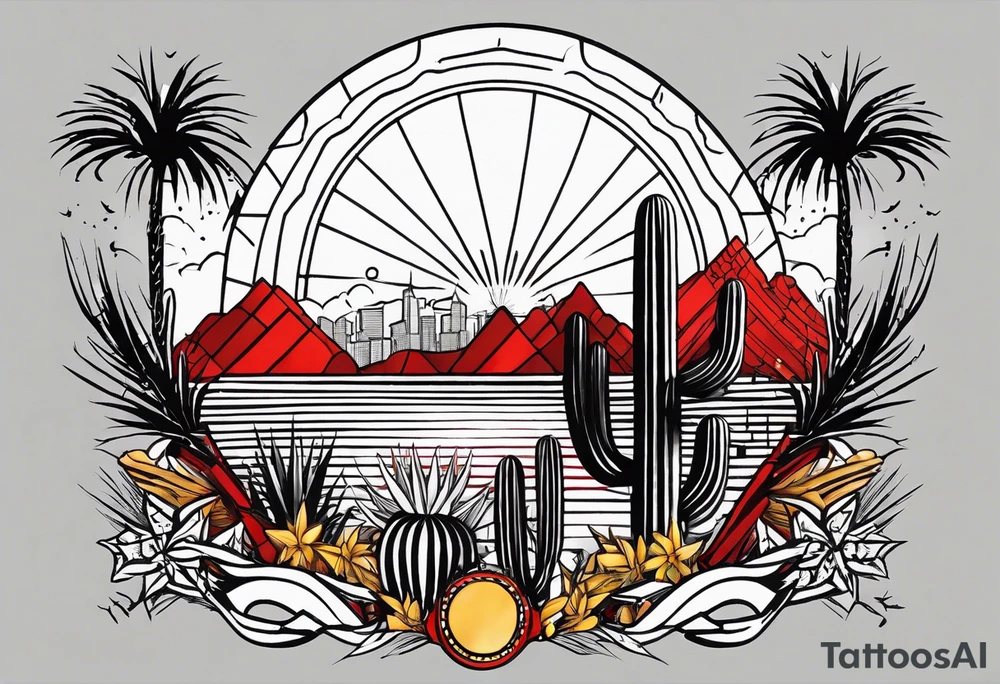 Crest with a hood on top,
13 rays of red and weld-yellow on the top half. NYC sky line
a cactus on the left side and a royal palm on the right side tattoo idea