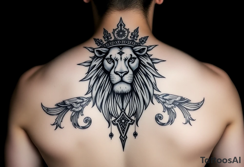 A majestic Persian lion with a radiant sun behind it, inspired by the ancient 'Lion and Sun' emblem of Iran. The lion wears a regal Persian crown, symbolizing power and sovereignty. The design elegantly incorporates the 'Faravahar' symbol, blending its wings and spiritual elements into the composition. The artwork is intricate, with fine ornamental Persian patterns, evoking a historical yet modern tattoo style. The atmosphere is grand, with a bold blackwork and neo-traditional tattoo aesthetic.
faravahar and lion tattoo idea