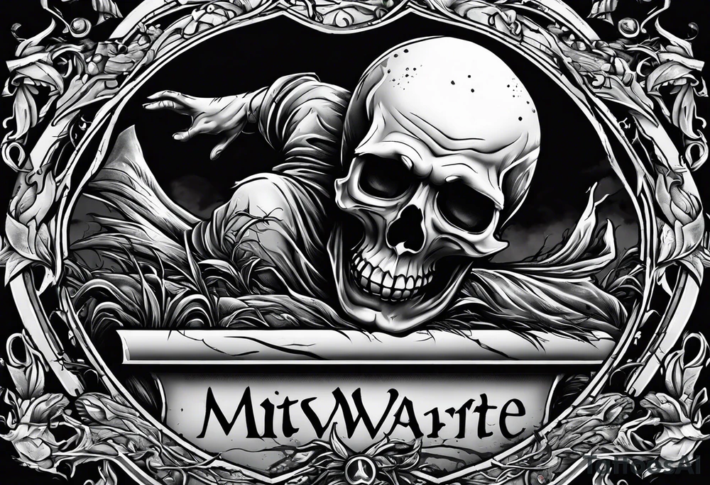 Man crawling out of grave. 
MIW Reincarnate written on gravestone tattoo idea