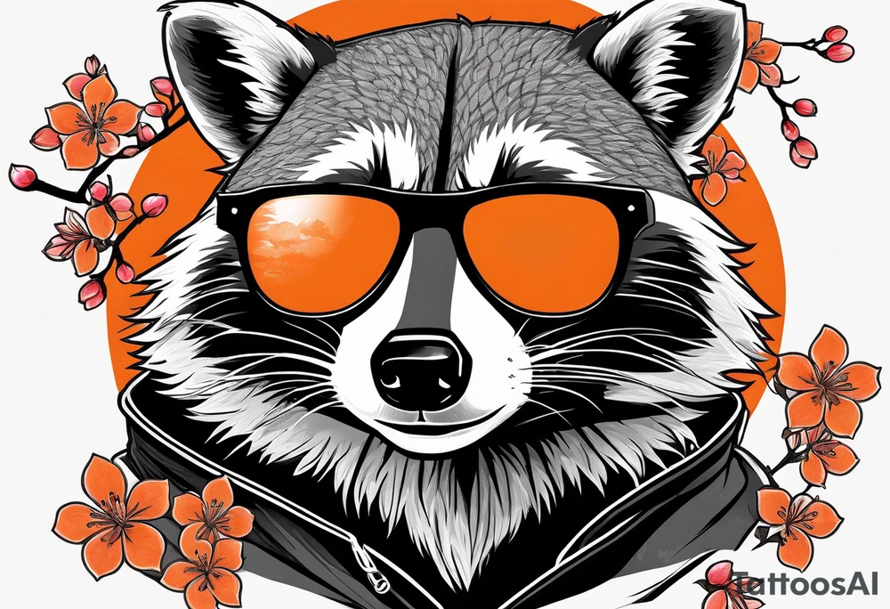 Raccoon wearing a white Superman logo on a black hoodie and orange Japanese cherry blossoms tattoo idea