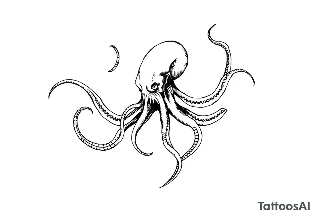 A minimalist blackwork tattoo design of an evil kraken The kraken is viewed from a 45-degree angle facing left, with its head centered. The tentacles extend only to the left and right, with none going downward beneath the head. the tentacles are quite long reaching to the left and right. The style is clean, fine-line detailing with bold outlines, avoiding heavy shading. The tentacles should be fluid, aggressive, and striking, enhancing the menacing and eerie look of the kraken while maintaining a cohesive design for a tattoo sleeve. make the tentacles very long, they need to be 3 times a slong as the head. tattoo idea