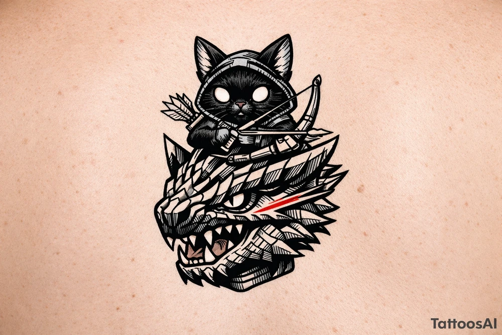 A vertical illustrative tattoo design, 2D vector style. A cute black Palico feline cat with realistic cat ears, and large glowing solid eyes is riding on the back of a Nargacuga dragon. The camera is zoomed in tight as a close-up portrait, showing only the full cat on top and the dragon's head and neck directly below it, acting as a compact pedestal base. The cat is holding a wooden hunter's bow and arrow. The dragon has sleek, smooth, interlocking reptilian wyvern scales, sharp fangs, and a glowing red streak trailing backward from its eye. Thick clean black outlines, clear spacing, solid white background, zero feathery textures, no 3D shading, stencil ready. tattoo idea