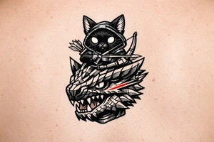 A vertical illustrative tattoo design, 2D vector style. A cute black Palico feline cat with realistic cat ears, and large glowing solid eyes is riding on the back of a Nargacuga dragon. The camera is zoomed in tight as a close-up portrait, showing only the full cat on top and the dragon's head and neck directly below it, acting as a compact pedestal base. The cat is holding a wooden hunter's bow and arrow. The dragon has sleek, smooth, interlocking reptilian wyvern scales, sharp fangs, and a glowing red streak trailing backward from its eye. Thick clean black outlines, clear spacing, solid white background, zero feathery textures, no 3D shading, stencil ready. tattoo idea