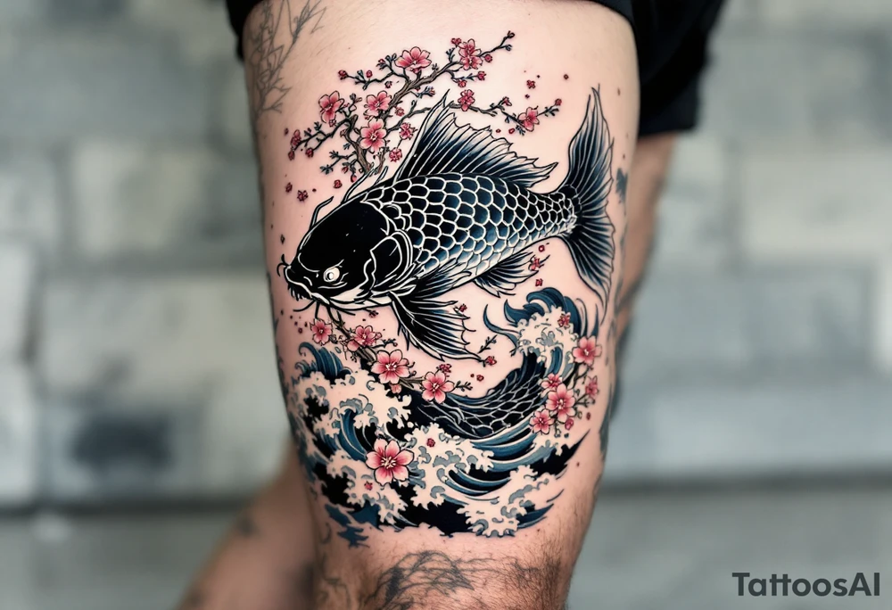 Japanese-Inspired Catfish (Namazu) – A mythological catfish with black and indigo scales, surrounded by dramatic waves, cherry blossoms, and storm clouds, done in Irezumi style. tattoo idea