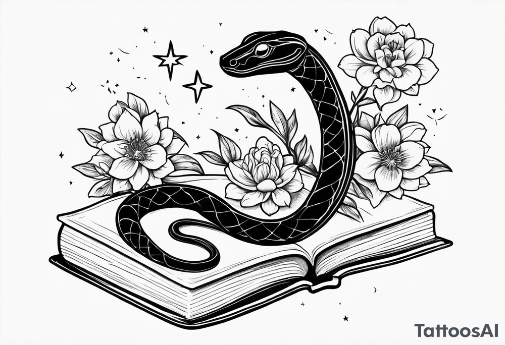 snake, books, stars and poisonous flowers tattoo idea