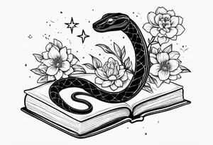 snake, books, stars and poisonous flowers tattoo idea
