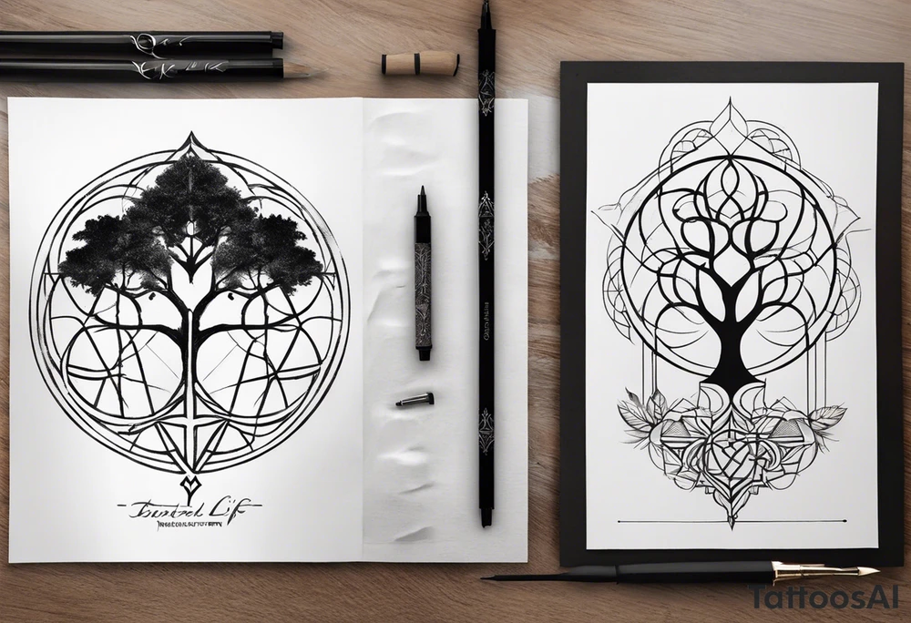 Preliminary Information: The structure of the tattoo design will start from the bottom and continue vertically. Use fine lines, black coloring and shading when needed, and microrealism style. 
The idea is to tell the story of my life. Start with the sacred geometry tree of life, with a modern style, to represent my birth. Then above it, an old cross, old boxing gloves hanging down, and the word “Obedience” in fine line writing tattoo idea