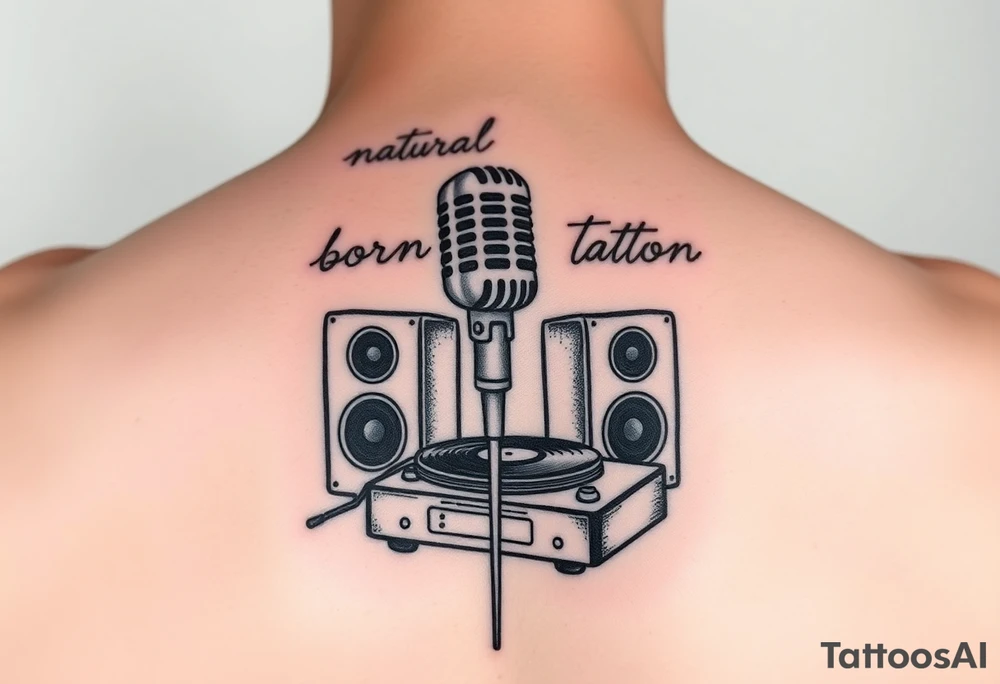 natural born talent written with a microphone and speakers with an old record player tattoo idea