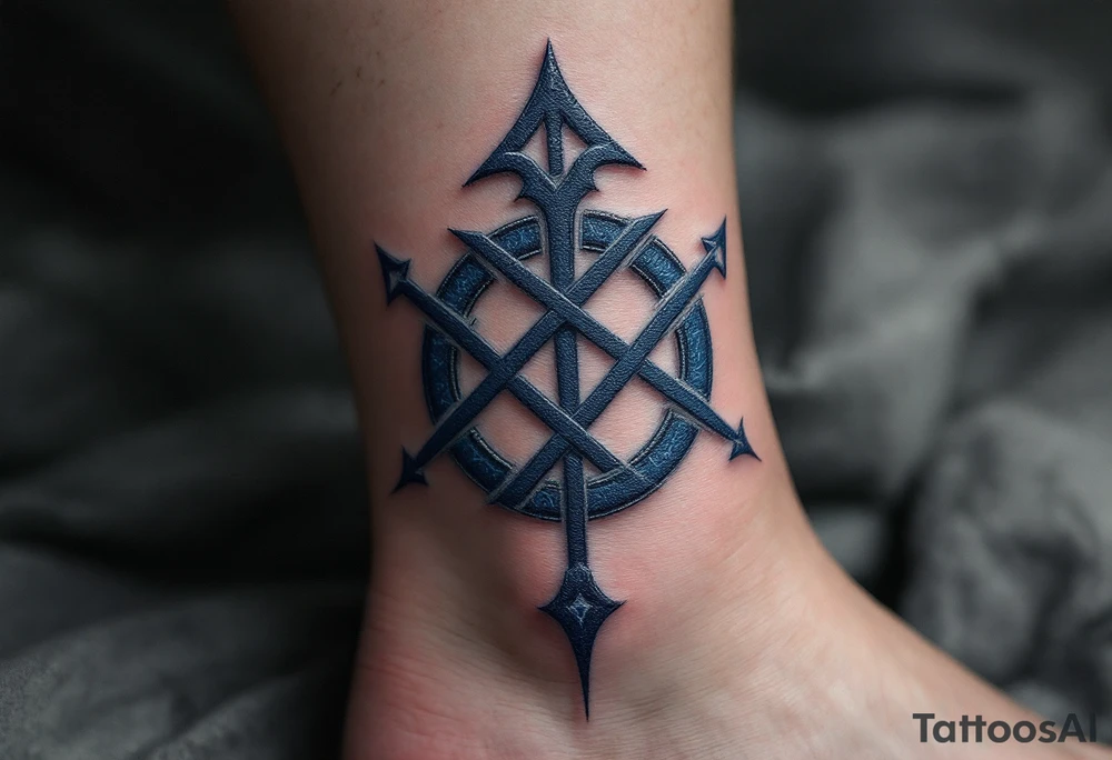 A navy blue bind rune formed from Norse protection runes, set against smoky gray shadows. tattoo idea