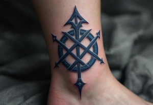 A navy blue bind rune formed from Norse protection runes, set against smoky gray shadows. tattoo idea