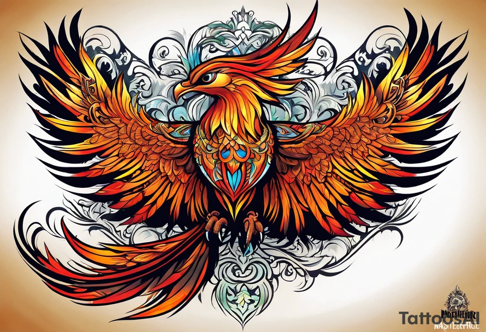 russian firebird phoenix in-flight with very long fancy tail "Isaiah 43: 18-19" tattoo idea