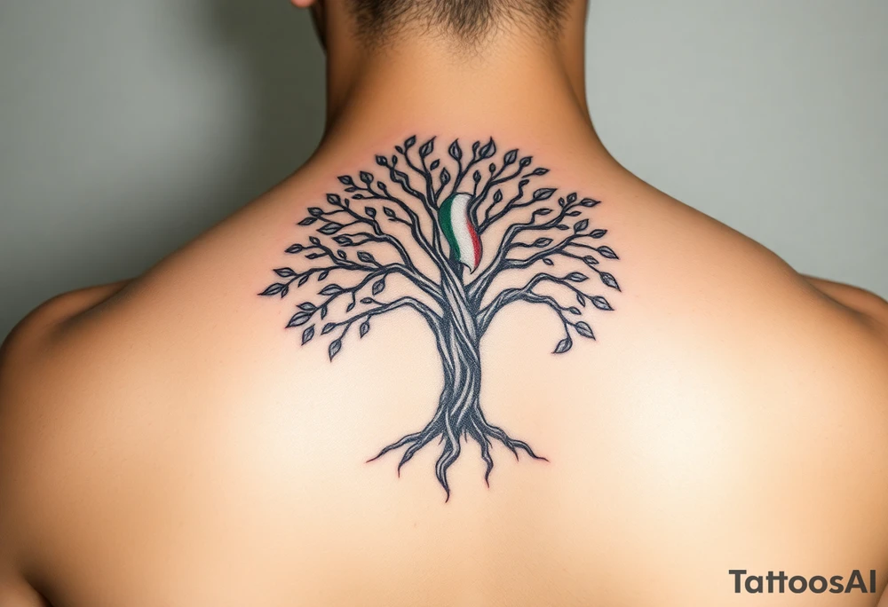 Tree of life with Jamaican and Irish flag colours combined on the leaves tattoo idea