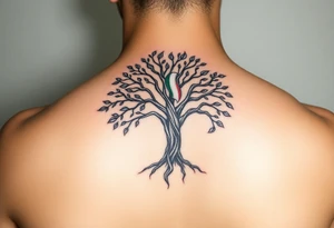 Tree of life with Jamaican and Irish flag colours combined on the leaves tattoo idea