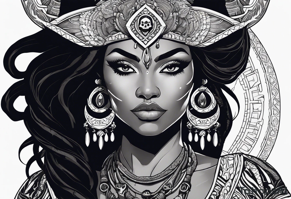 valkrye, kali, pirate, african goddess, , warrior, native american, lotus, zenza resonance, skulls, dragon, pachamama, left side face, chest, right wing, tattoo idea