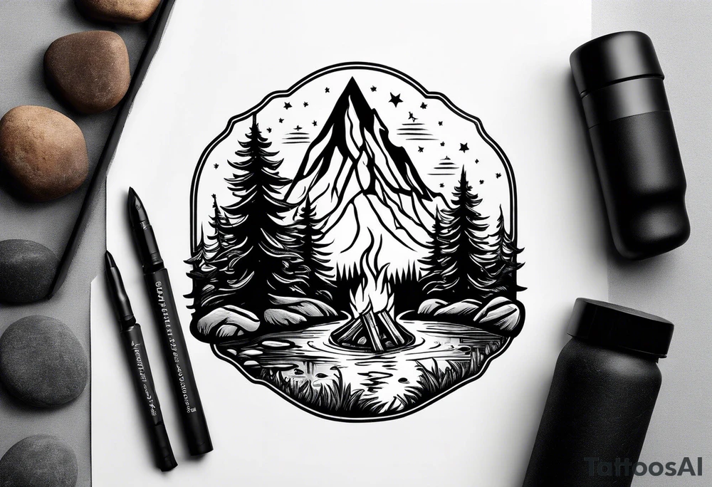 Small campfire in the center, right side: an evergreen tall tree, left side: mountain stream tattoo idea