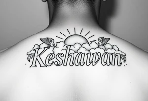 The name Keshawn with some clouds and realistic sun rays beaming out of the clouds with angels around his name tattoo idea