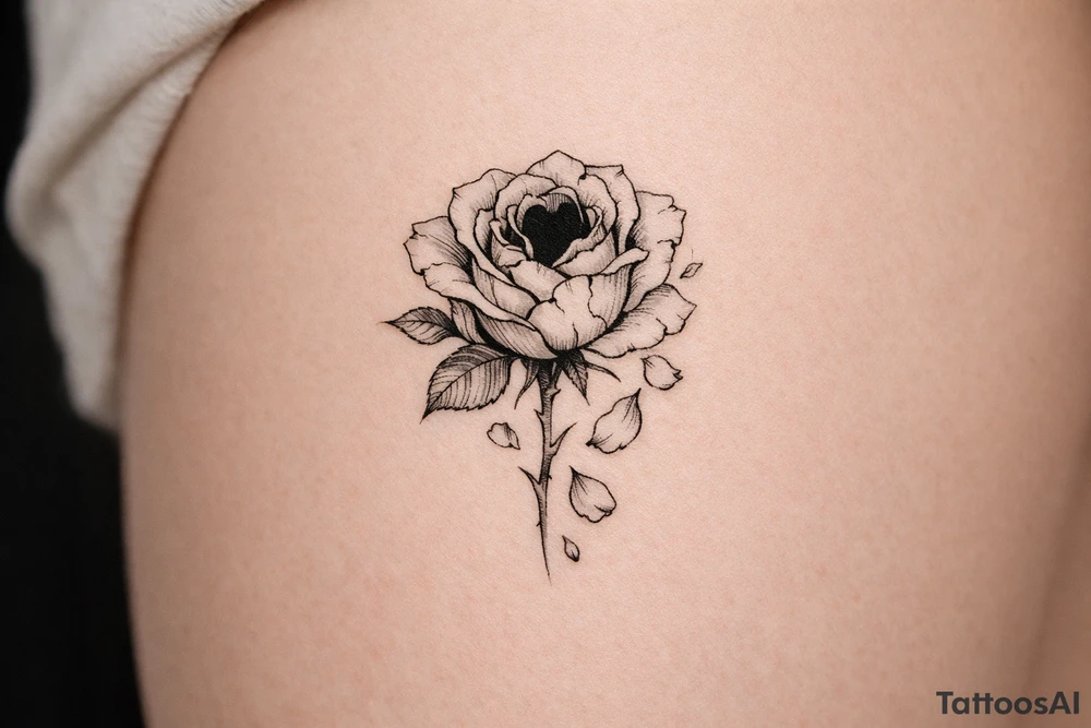 A single rose, petals cracked and falling, a dark void within. tattoo idea