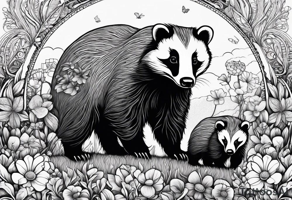Trippy, badger with a cub in a field of flowers tattoo idea